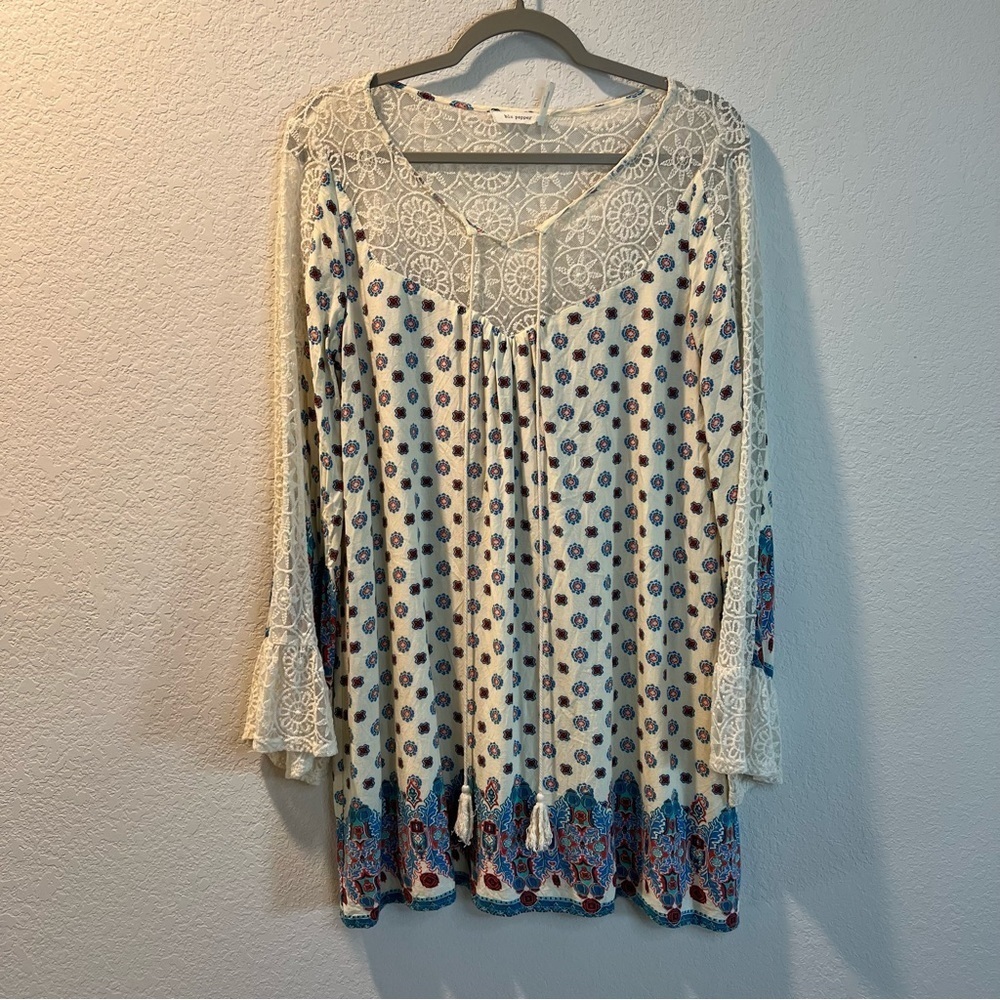 Women’s Blue Pepper boutique red and blue patterned long sleeve tunic blouse